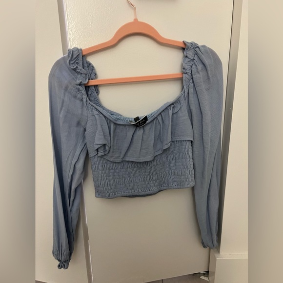 Square Neck Ruffled Bubble Sleeve Crop Top in Blue - Picture 3 of 3